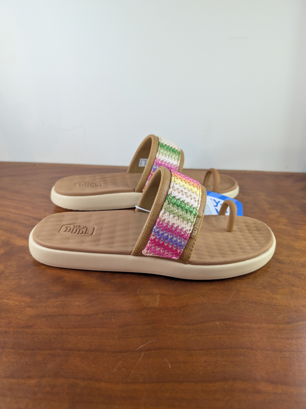 Hey Dude Womens Multicolor Woven-Strap Slide Sandals - Tan